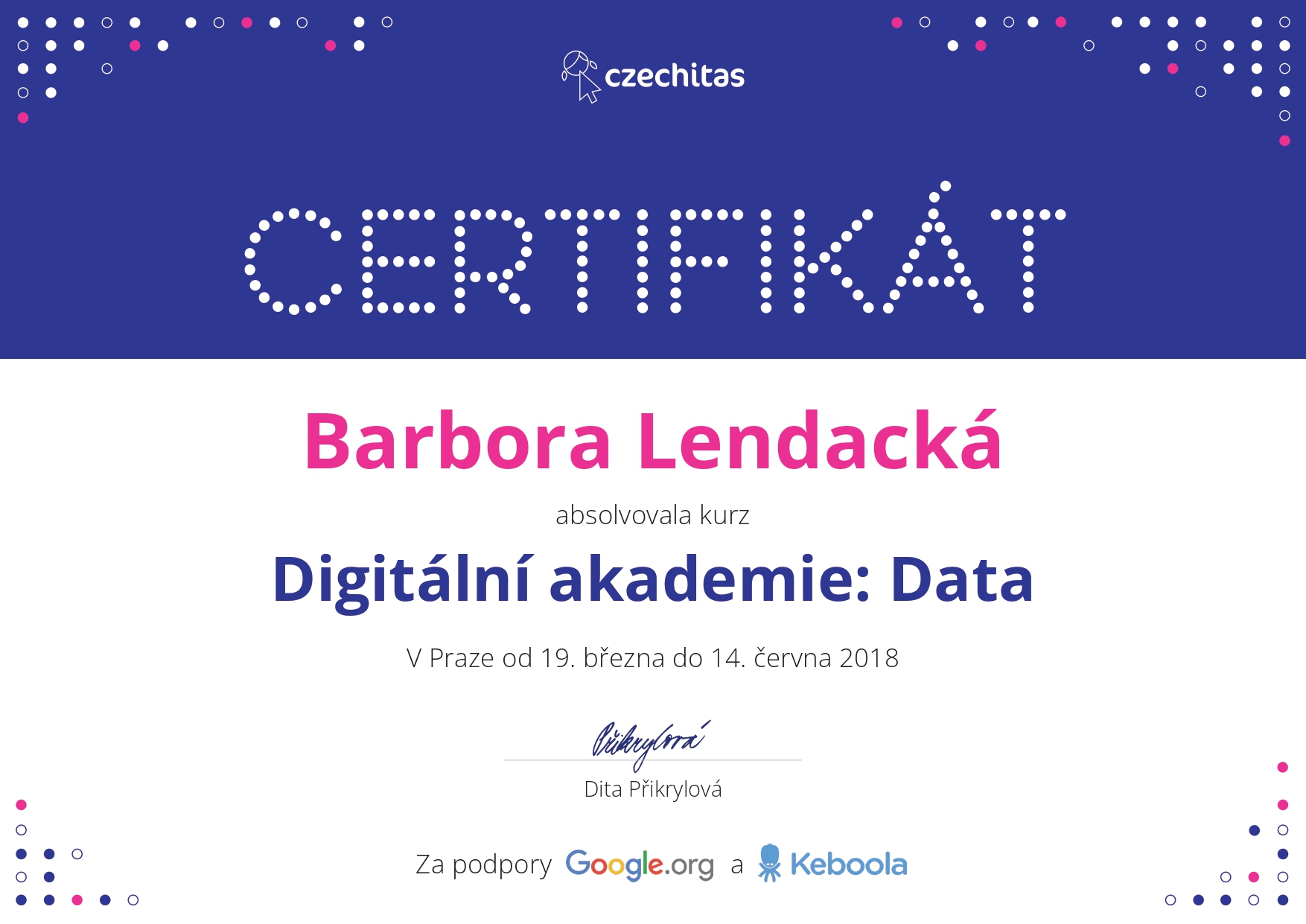 foto certifikátu DA
